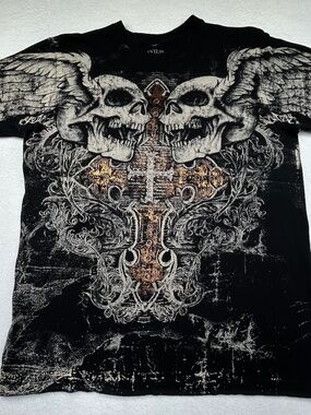 Xzavier Medium almostVintage Skull Wings Cross T-shirt Tattoo Affliction style